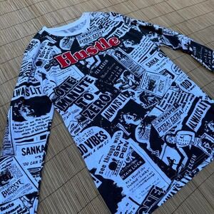 Hustle Long Sleeve Graphic T Shirt Newspaper Print Streetwear Mens Large Launder